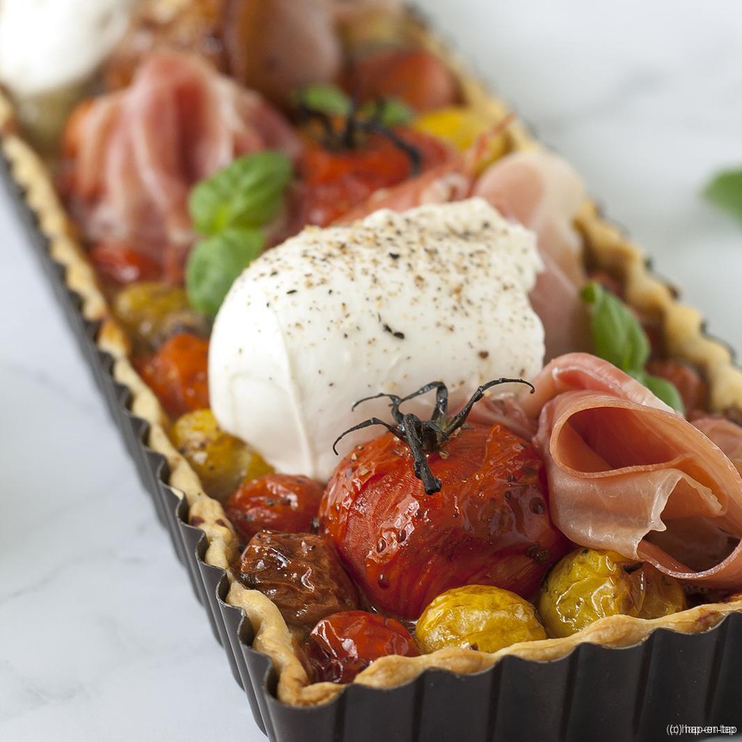 Snelle tomatentaart met balsamico, vijgen, mozzarella en Parmaham