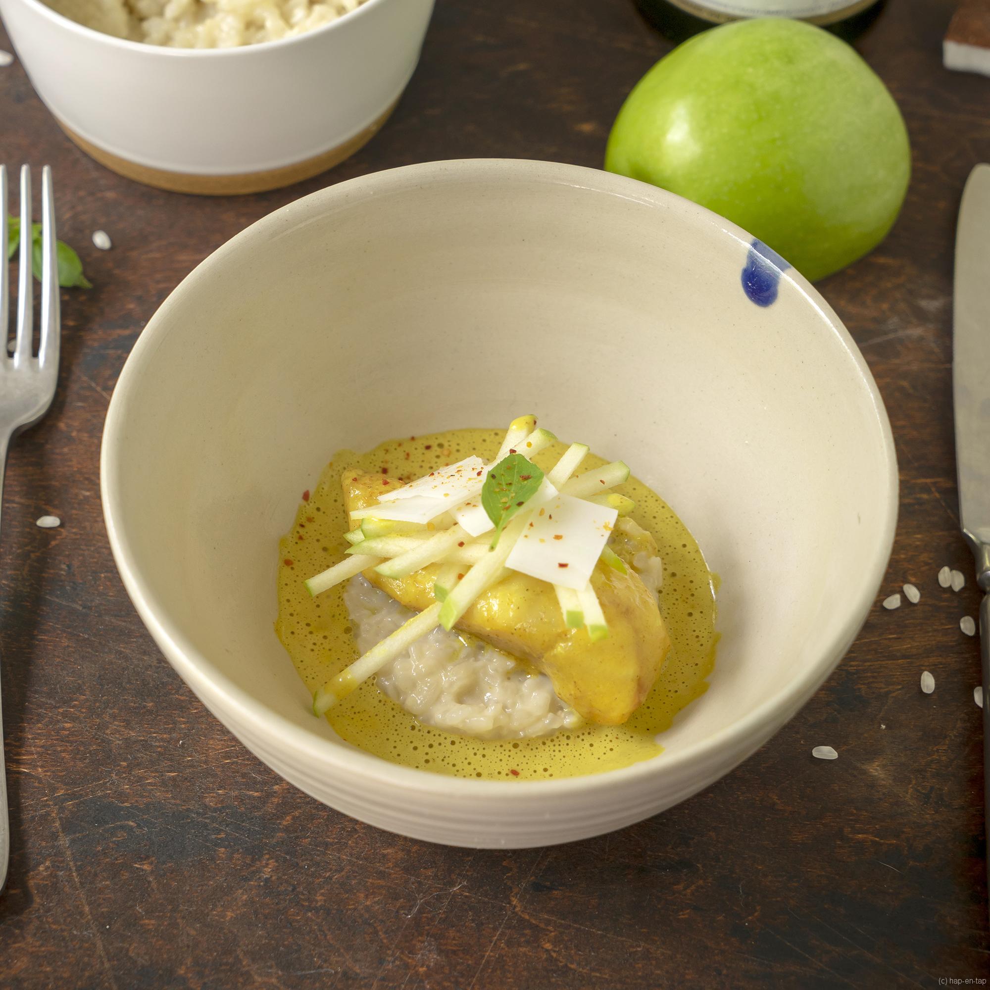 Zeeduivel met madras kerrie, risotto met kokos